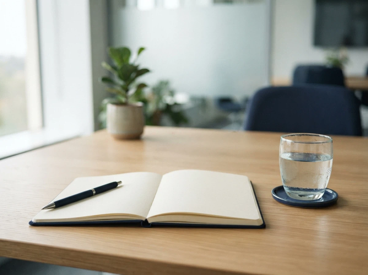 Our commitment to transparency Clean, minimalist workspace with notebook and water glass